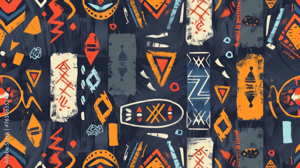 Fototapeta premium Modern hand drawn mixed ethno style ornament seamless pattern. Abstract trendy colorful print