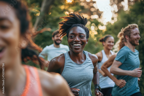 A diverse group of people running outdoors, smiling and laughing together in an active fitness class photo