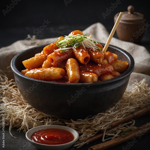 Photo deep fried tteokbokki with sauce rice cake stick korean food style sideview photo