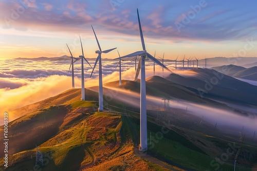 A group of wind turbines are on a hillside, with the sun setting behind them. Generative AI photo