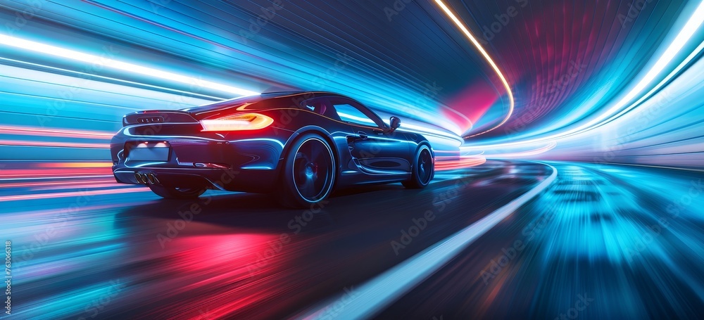 A car with automotive lighting is driving through a tunnel at night A car with automotive lighting is driving through a tunnel at night