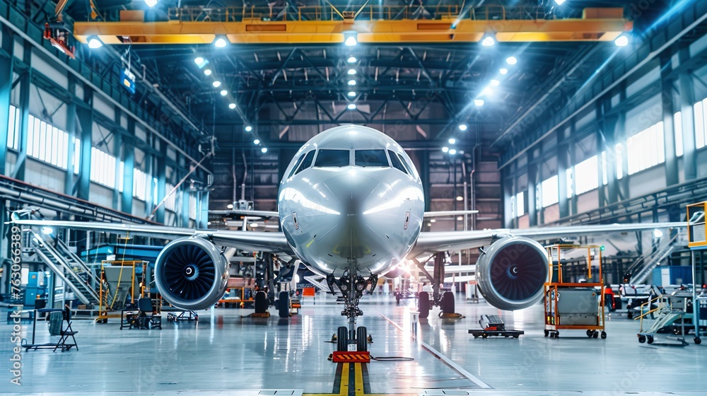 A modern aerospace manufacturing facility with aircraft parts and assembly line