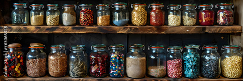 Jars of Seed and Grain Samples on Shelves , taking the spice jar from the shelf 