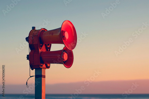 Close-up of a tsunami siren with vibrant red horns against a clear sky, mounted on a post at the beach, signaling emergency alerts for impending natural disasters photo