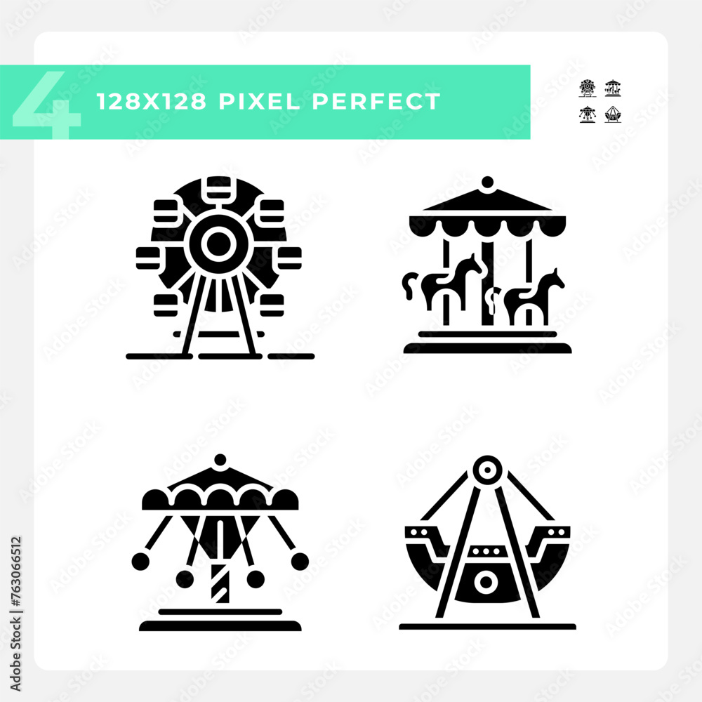 Fairground attractions pixel perfect black glyph icons set on white space. Thematical park, leisure activity. Customizable thin line symbols. Isolated vector outline illustrations. Editable stroke Fairground attractions pixel perfect black glyph icons set on white space. Thematical park, leisure activity. Customizable thin line symbols. Isolated vector outline illustrations. Editable stroke