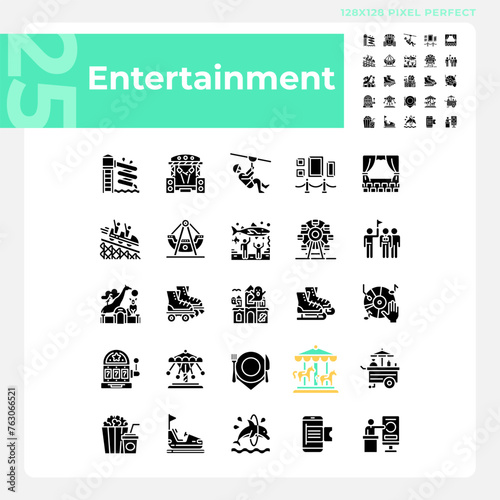 Entertainment activities pixel perfect black glyph icons set on white space. Amusement park attractions. Customizable thin line symbols. Isolated vector outline illustrations. Editable stroke