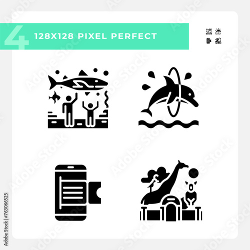 Zoo exhibit pixel perfect black glyph icons set on white space. Online booking. Aquatic show. Zoological park. Customizable thin line symbols. Isolated vector outline illustrations. Editable stroke