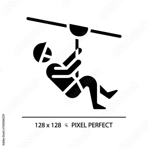 Zip line ride pixel perfect black glyph icon. Dangerous sport attraction. Extreme activity. Outdoor adventure. Silhouette symbol on white space. Solid pictogram. Vector isolated illustration