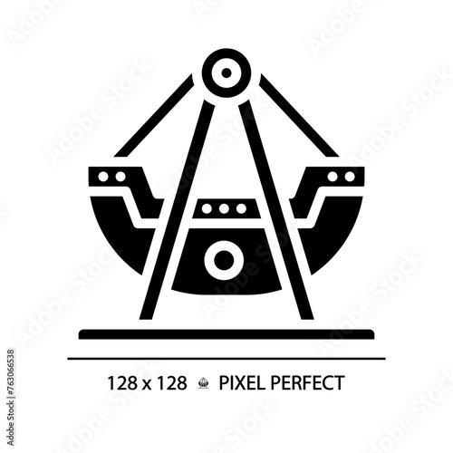 Swinging pirate ship pixel perfect black glyph icon. Swing boat amusement. Viking thematical park. Festival attraction. Silhouette symbol on white space. Solid pictogram. Vector isolated illustration
