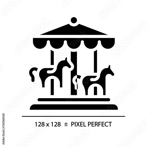 Roundabout horse carousel pixel perfect black glyph icon. Merry go round, circular platform. Ride amusement. Silhouette symbol on white space. Solid pictogram. Vector isolated illustration