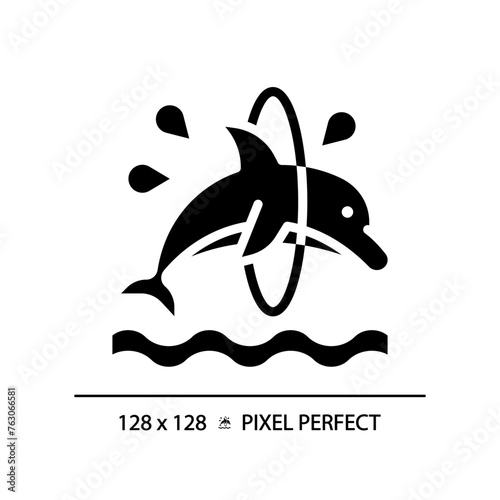Dolphin trick pixel perfect black glyph icon. Jumping through hoop. Dolphinarium aquatic show. Acrobatic entertainment. Silhouette symbol on white space. Solid pictogram. Vector isolated illustration