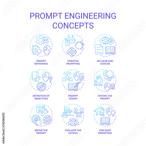 Prompt engineering blue gradient concept icons. Design instructions for ai model. Test and optimize tasks. Chatbot interaction. Icon pack. Vector images. Round shape illustrations. Abstract idea