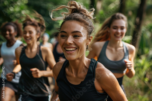 A diverse group of people running outdoors  smiling and laughing together in an active fitness class