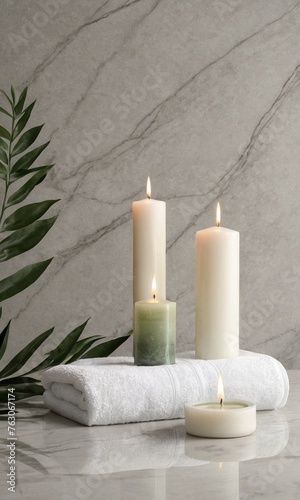 Spa composition with candles and towelsle table  closeup.