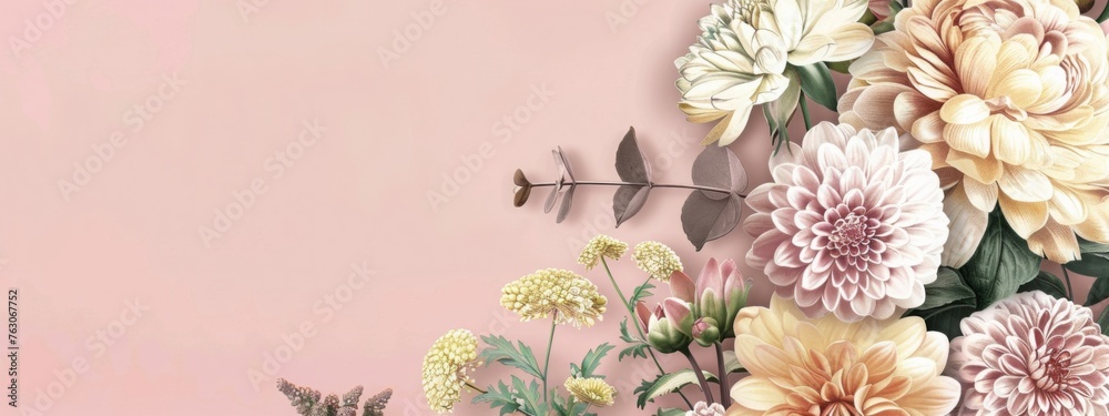Floral banner, cover or header with vintage bouquets. Yellow peony, gerbera, roses isolated on pink background. 