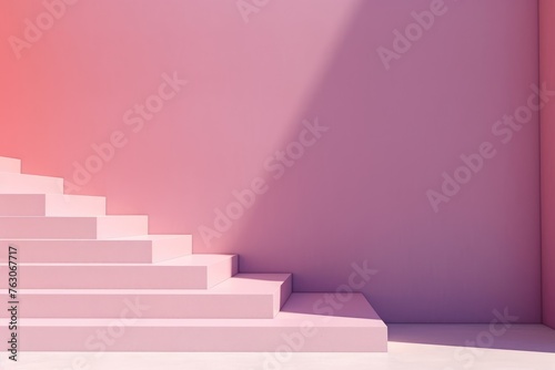 Modern minimalist staircase in pastel pink with a play of light and shadow  creating a soothing ambiance. Minimalist Pink Stairs with Shadows