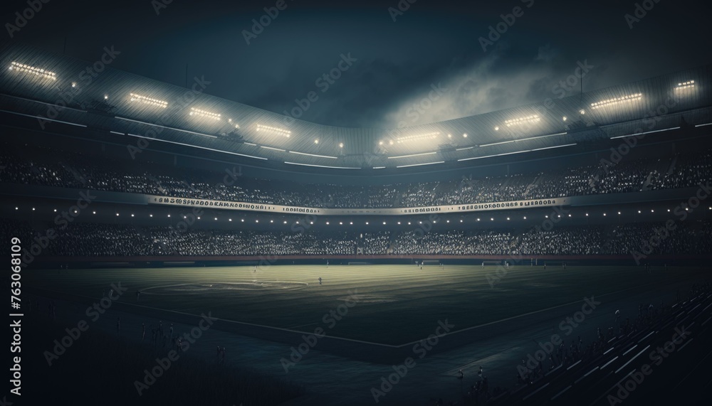 Soccer stadium illuminated at night, radiating energetic and motivational atmosphere. The bright stadium lights cast a glow over the lush green field, readying the scene for a thrilling game. AI - obrazy, fototapety, plakaty 