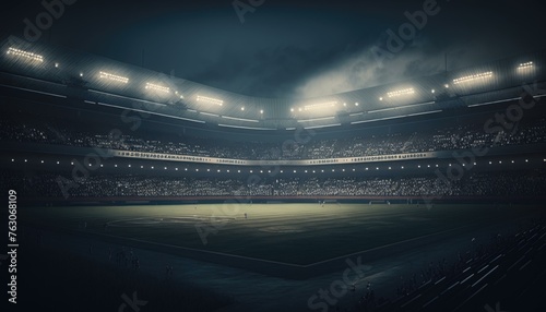 Soccer stadium illuminated at night, radiating energetic and motivational atmosphere. The bright stadium lights cast a glow over the lush green field, readying the scene for a thrilling game. AI