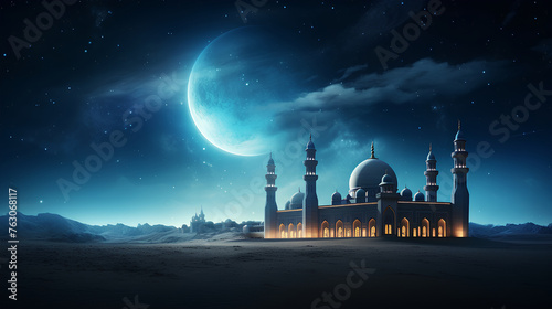 islamic ramadan background, eid al fitri, iftar, eid al adha, beautiful mosque and lantern background. camel in the middle of the desert with mosque © rafliand
