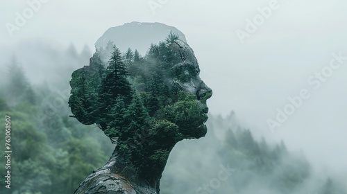 Artistic double exposure blending woman s silhouette with serene forest landscape