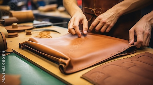 Tanner makes leather product purse. With your own hand
