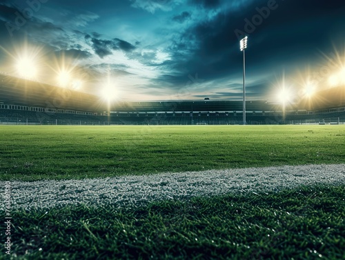 Nighttime view of a soccer stadium aglow with bright lights, creating an energetic and inspiring atmosphere. The illumination highlights the vibrant green pitch, for an exciting match. AI