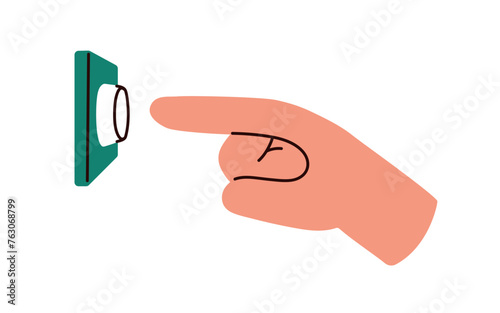 Finger pressing, pushing, clicking, tapping, pointing at wall button. Hand ringing doorbell, calling door bell. Switching, turning off action. Flat vector illustration isolated on white background