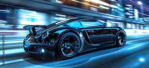 A futuristic car with sleek automotive design cruises down nighttime streets © Jahid