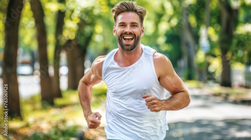 European young man maintaining fitness and health through joyful outdoor running and jogging © Ilja