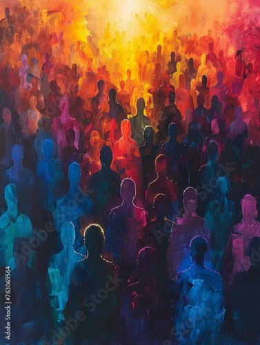 Capture the essence of a society where auras are visible - depict a diverse crowd with vibrant auras blending and communicating without words, symbolizing unity and understanding photo
