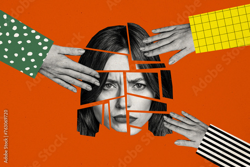 Photo collage image woman face fragments mosaic separated parts hands touch physical harassment offense rights violence red background