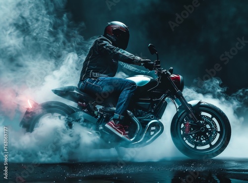 Man rides motorcycle on wet road, tires gripping uneven surface © Jahid