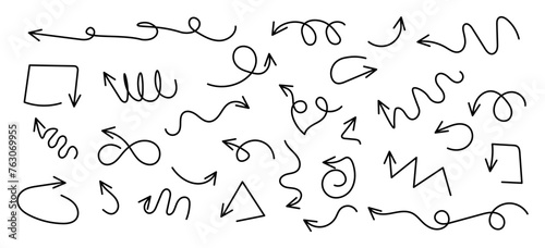 Hand drawn arrows icons set. Free form different curved lines  swirls arrows. Doodle marker drawing  direction pointers
