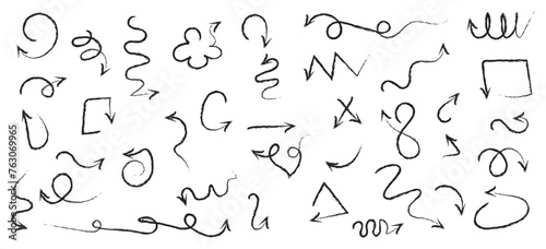 Hand drawn chalked arrows icons set. Free from different curved lines, swirls arrows. Doodle marker drawing, direction pointers