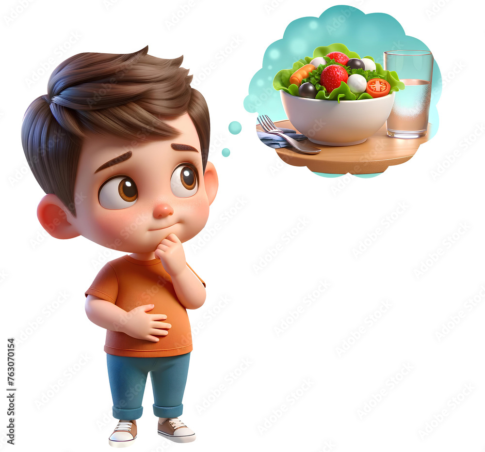 little boy looking hungry and thinking about eating. He has one hand on ...