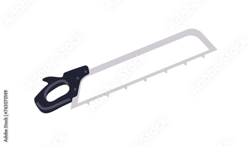 Hand saw, cutting tool. Handsaw, manual carpentry and woodworking instrument with sharp metal blade. Joinery, building equipment. Flat vector illustration isolated on white background