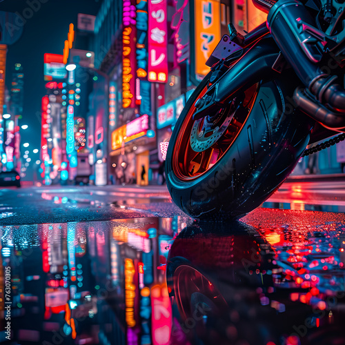 Worm's eye view photo of a cyberpunk motorcycle wheel running over a puddle. Neon signs of the city reflect in the puddle