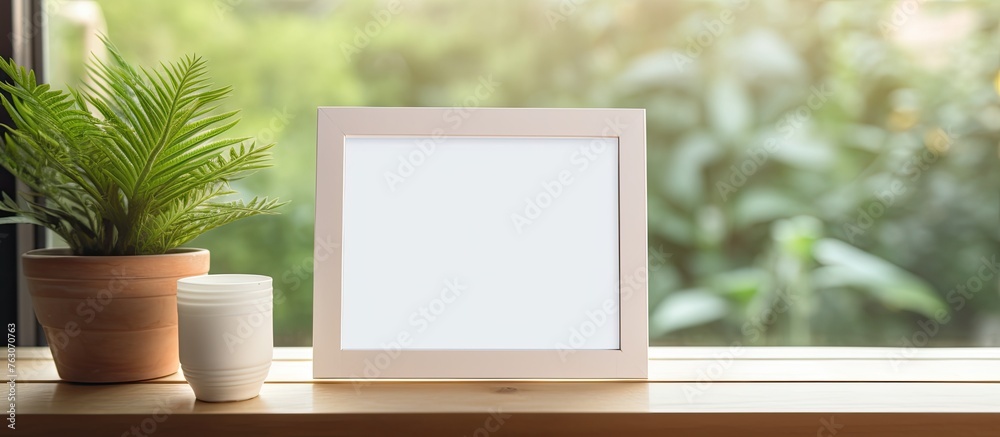 A rectangular wood picture frame sits on a window sill next to a potted plant and a peachcolored cup. The room has hardwood flooring and the window has glass panes overlooking a grassy area A rectangular wood picture frame sits on a window sill next to a potted plant and a peachcolored cup. The room has hardwood flooring and the window has glass panes overlooking a grassy area
