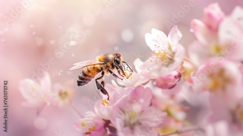 Honeybee collecting nectar from delicate pink cherry blossoms in soft spring light © ABC Vector