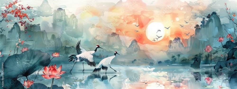 Traditional Chinese painting depicting cranes, lotus flowers, and a misty sunrise landscape