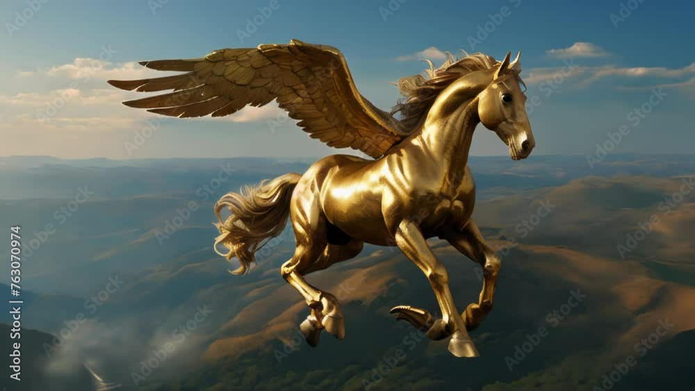 Mythical creature Pegasus in golden hues soars above the clouds. Sunlight gleams off impressive muscular body and shimmering wings. Mythical creature Pegasus in golden hues soars above the clouds. Sunlight gleams off impressive muscular body and shimmering wings.