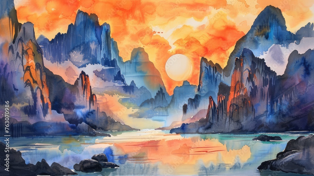 Vibrant watercolor painting of a mountainous sunset with reflections on water, in a Chinese style