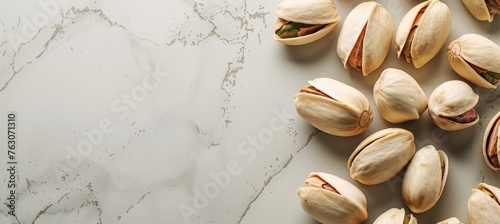 Pistachios on white table with abundant space for text, suitable for marketing and creative content