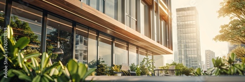 Modern office space with lush greenery, eco-friendly design.