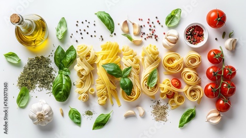 Flat lay composition of raw different pasta, cherry tomatoes, , spices, basil, olive oil, garlic isolated on a white background. photo