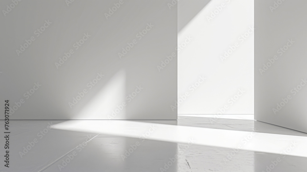 Sunlight casting shadows on a white marble floor in a minimalist interior space. Modern architecture and design concept with natural light. Design for poster, wallpaper, banner