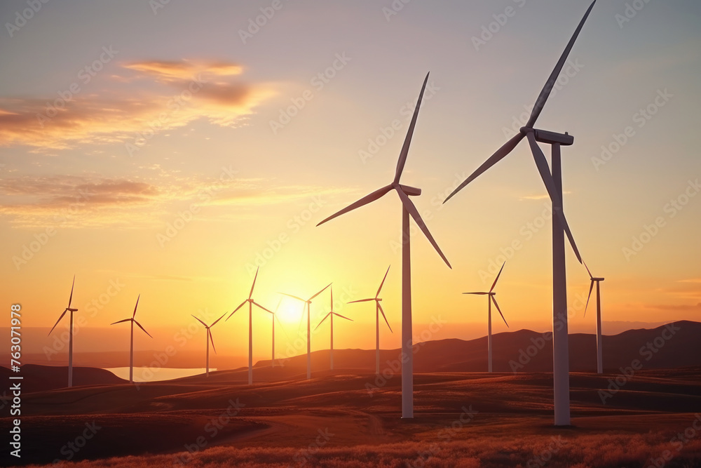 Fototapeta premium Wind turbines at sunset, aerial view. Renewable energy, ecology, environment concept