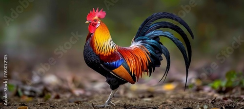 Regal rooster crowing majestically at sunrise on a picturesque and serene farm landscape