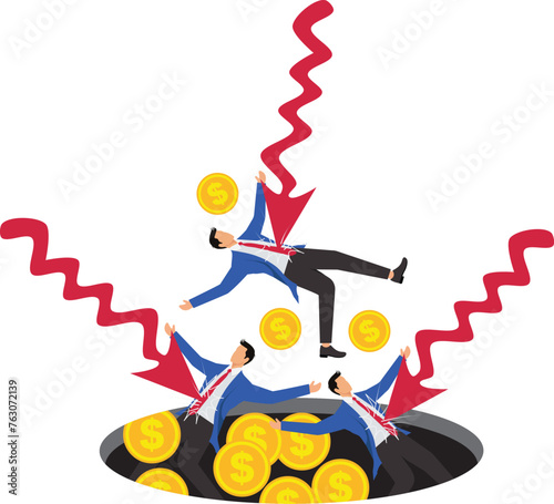 Falling into a trap or dark cave, a mistake in business or profession leading to fatal consequences, a trap or scam, a group of merchants with gold coins falling into a dark cave