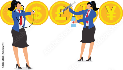 Injections, cardiac stimulants, economic stimulus, monetary policy or economic recovery policy, injections into standing rows of monetary symbols